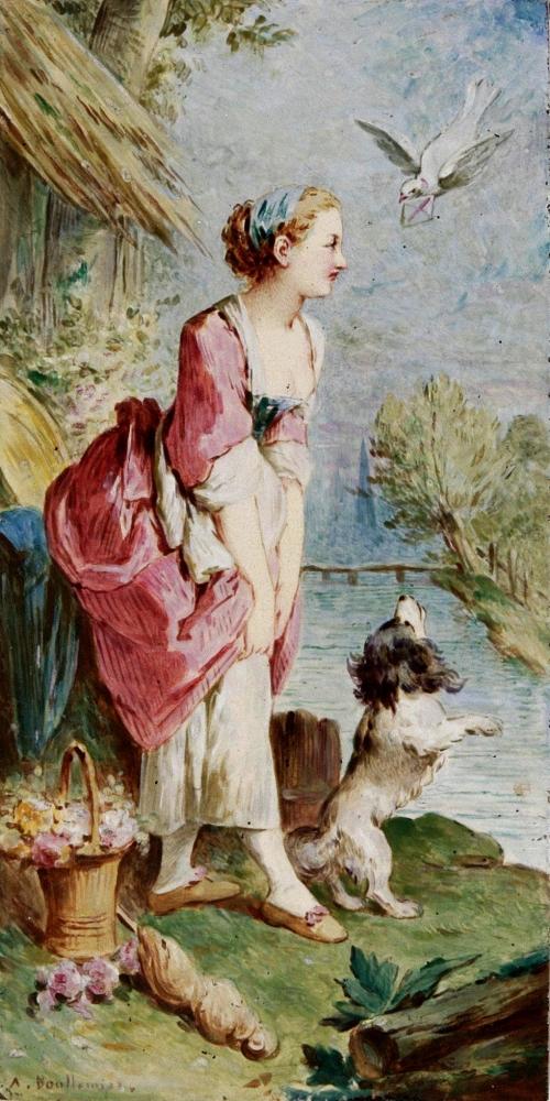 Lovers; A pair of Minton earthenware tiles, c.1895 painted by Antonin Boullemier